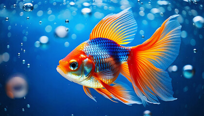 Close-up of a vibrant goldfish with flowing fins in crystal clear water, capturing detail, motion, and vivid colors in an underwater scene.