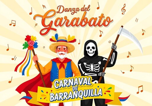 an illustration depicts the danza del garabato carnival of barranquilla with a skeleton figure and a colorful traditional dancer set against a festive background