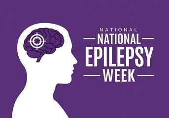 A purple graphic depicts a white silhouette of a human head with a brain inside promoting national epilepsy week awareness and support