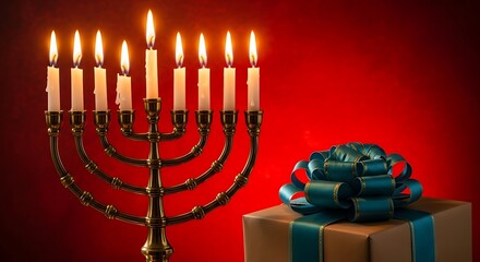 Hanukkah menorah with burning candles and gift box on red background