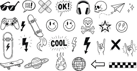 Collection of hand drawn doodle icons representing youth culture and hobbies