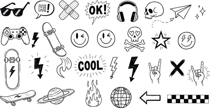 Collection of hand drawn doodle icons representing youth culture and hobbies
