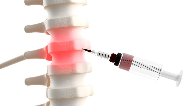 Facet joint injection, therapy against backbone injury or pain. Close-up of vertebrae with a syringe isolated on a white background 3D rendering illustration.
