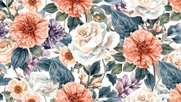 Seamless floral pattern featuring chrysanthemum, rose, peony, and blooming flowers in watercolor on soft hues, suitable for vintage fabric and wallpaper design