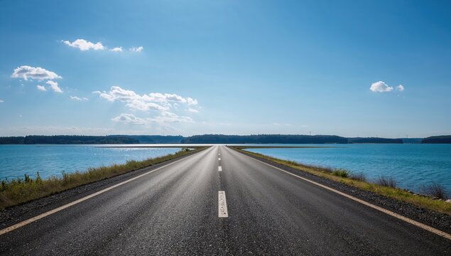 Asphalt road intersecting with a blue lake under a clear sky, urban density