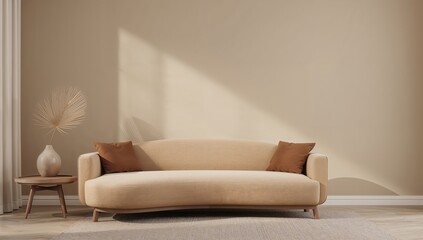 Living room interior featuring warm beige tones, curved low sofa, and natural decor elements, suitable for modern home aesthetics