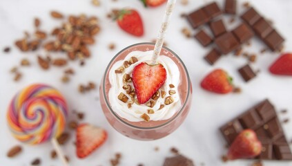 Strawberry cacao smoothie topped with cream and pecan nuts, indulgent treat option