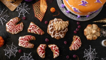 Halloween-themed cookie fingers with raspberry sauce, playful treat for festive gatherings