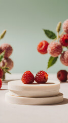 Frosted raspberries displayed on minimalist podium with soft natural lighting
