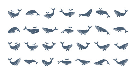 Stylized Blue Whale and Aquatic Mammal Silhouettes Vector Icons Set: Diverse Collection of Marine Life Shapes for Ocean, Wildlife, and Environmental Designs
