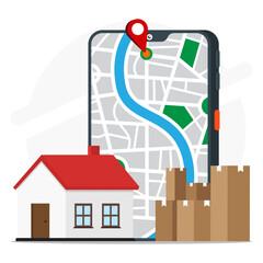 Smartphone with pin location on maps for searching location to delivery boxes on the home.