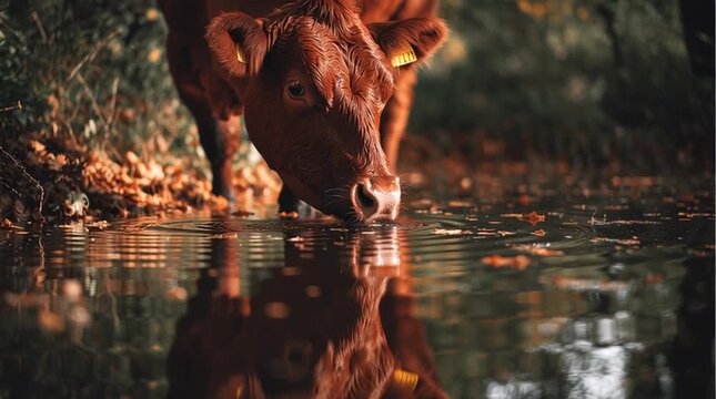 A brown cow drinking water from a pond with its reflection visible in the water on a cloudy day outside