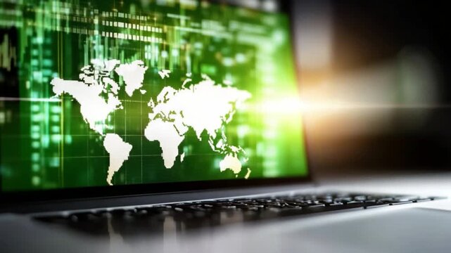 Global Connection Through Technology: A laptop screen displays a stylized world map, glowing with the intricate network of the global internet, symbolizing communication and interconnectedness.