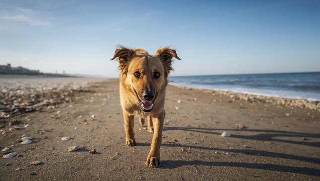 A dog strolls along the sandy beach, enjoying the coastal environment and promoting outdoor activity