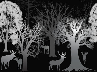Fototapeta premium deers between gray trees on black