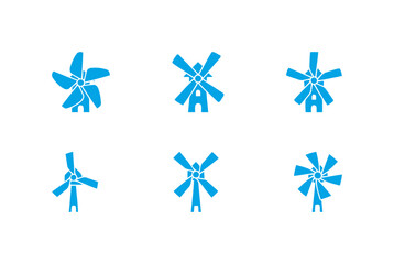 Simple Blue Windmill and Wind Power Silhouette Vector Icons Set: Collection of Renewable Energy and Traditional Mill Designs for Power and Landscape