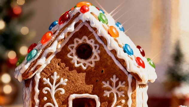 Decorative gingerbread house with colorful candy decorations, white icing patterns, festive snowflake details, and a cozy holiday atmosphere
