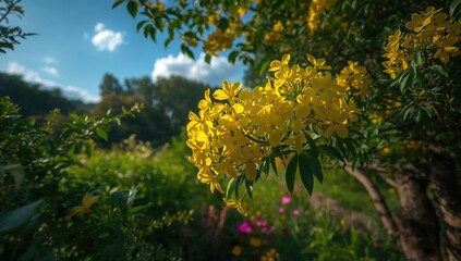 Yellow flowering tree in a garden setting, vibrant natural backdrop, seasonal change