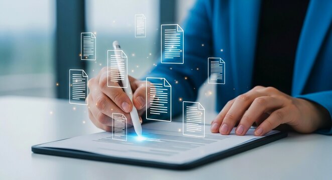 Person in a blue blazer digitally signing a document with floating digital files.