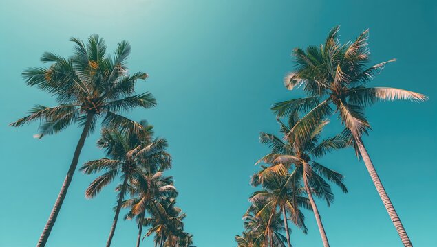 Tropical tall African Sabal fan palms gently move against a blue sky, banner for travel agencies and hotels