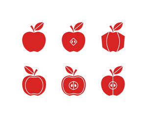 Red Apple Icon Silhouettes with Outline and Geometric Variations: Set of Whole, Halved, and Abstract Fruit Shapes for Food, Health, and Education Graphics