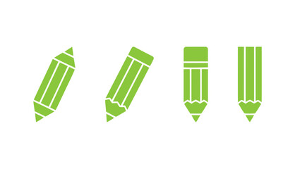 Simple Green Pencil Silhouette Vector Icons Set: Collection of Various Stylized Writing and Drawing Tools Representing Education, Creativity, and Design