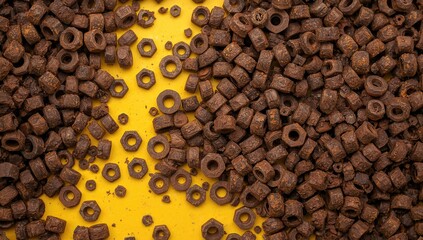 A collection of assorted old rusty nuts in varying sizes, set against a bright yellow backdrop, emphasizing maintenance