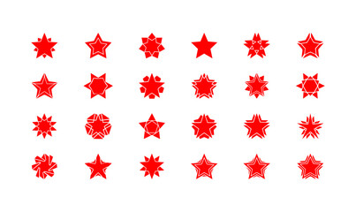 Diverse Red Star Shape and Geometric Icons Set: Collection of Various Exploding, Outlined, and Polygonal Star Symbols for Award, Success, and Decoration