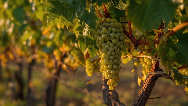 Clusters of unripe green grapes hang from delicate vines in a vineyard, showcasing potential harvest yield, Earth Day