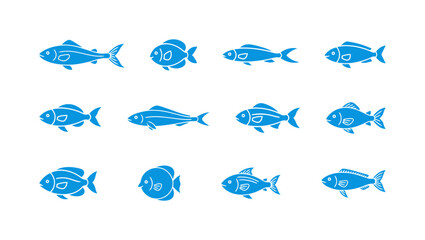 Collection of Twelve Blue Fish Silhouettes in Different Shapes and Styles for Seafood and Aquatic Themes Vector.