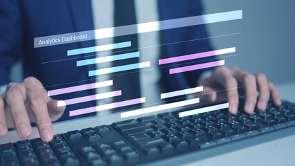 Project management concept, colleagues collaborating on a teamwork project timeline task and team planning a schedule, virtual analytics dashboard
