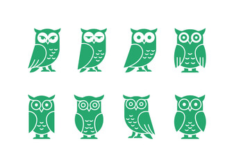 Set of Eight Green Owl Icons in Flat and Stylized Silhouette Style with Different Expressions Vector Illustration.