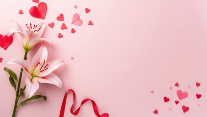 Celebrate affection with a charming Valentine's card featuring elegant lily flowers and playful red hearts on a soft pink background, love-themed