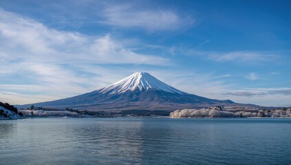 Fototapeta premium Mt. Fuji with Lake Motosu beneath a clear winter sky, capturing seasonal change