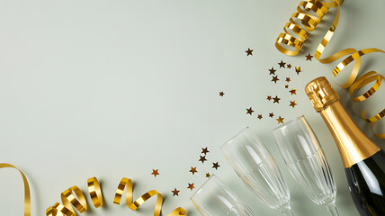 Elegant champagne bottle, flutes, gold decor, streamers on green