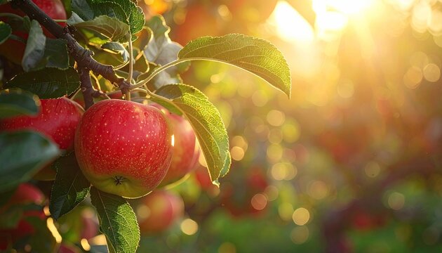 Ripe Red Apples on a Branch with Golden Sunlight and Water Droplets in an Orchard