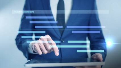 Project management concept, colleagues collaborating on a teamwork project timeline task and team planning a schedule, virtual analytics dashboard