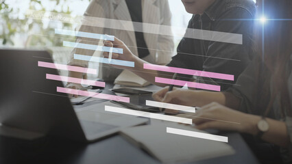 Project management concept, colleagues collaborating on a teamwork project timeline task and team planning a schedule, virtual analytics dashboard