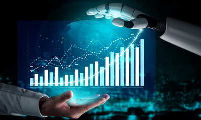 A futuristic scene depicting a robot hand reaching out toward digital data visualizations and graphs, symbolizing the intersection of technology and business analytics. Impute