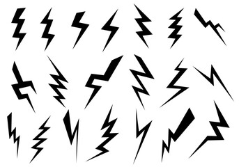 Collection of abstract lightning bolt shapes in solid black silhouettes. Dynamic, sharp, and energetic designs ideal for themes of electricity, power, speed, impact, and modern graphic elements.