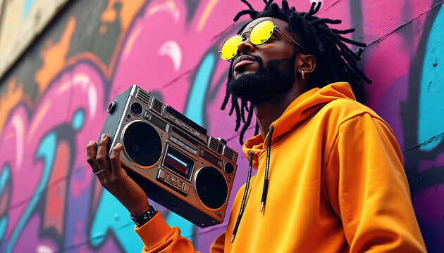Stylish young adult Black man with long dreadlocks wears bright yellow round sunglasses, orange hoodie. Confidently holds retro vintage boombox ghetto blaster radio by colorful vibrant street art