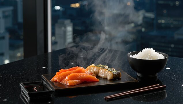 Raw Salmon Fish with fish roe and rice, protein-rich meal - Powered by Adobe