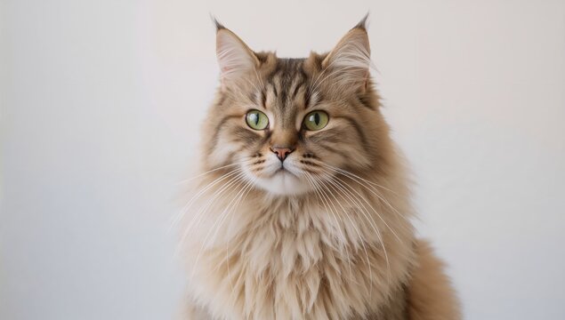 Portrait of a Norwegian Forest Cat on a bright backdrop, showcasing feline grace, awareness of animal welfare