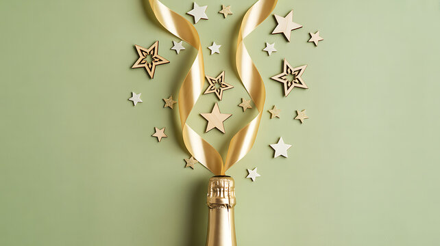 Festive champagne bottle with golden ribbon and stars celebration