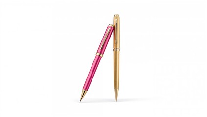 Pink business pen and gold ballpoint pen on a white background, efficient office supplies