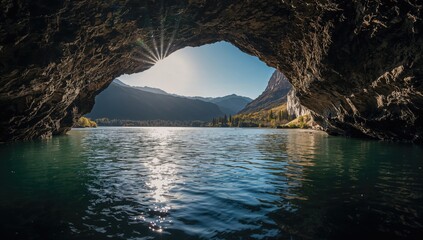 Inside a cave featuring water reflecting sunlight, showcasing natural beauty