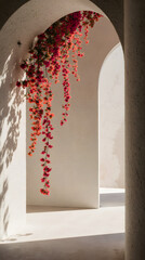 Red flowers cascade through an archway into a bright, sunlit space