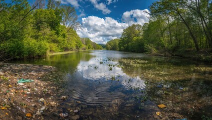 Debris discarded in a creek surrounded by greenery, environmental impact awareness