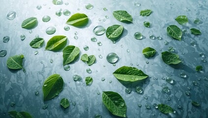 Raindrops resting on leaves atop a car hood, reflecting the resilience of nature