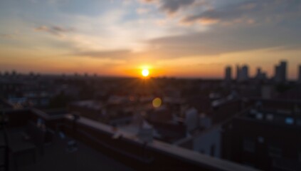 Rooftop celebration with a hazy sunrise, urban skyline backdrop, highlighting summer heatwave effects